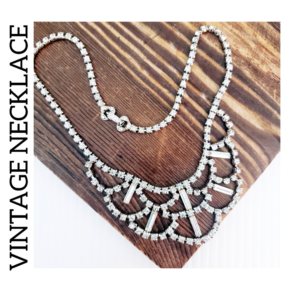 Vintage Rhinestone Statement Bib Necklace Silvertone